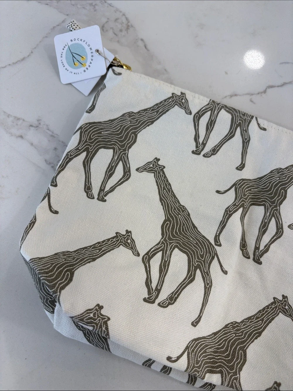 Rock Flower Paper Ivory White Grey Giraffe Print Canvas Large Pouch Cosmetic Bag
